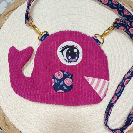 sac enfant baleine en velours rose fuchsia fait main - De Nature Colorée