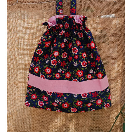 Sac à chaussons maternelle fleurs rouges fond bleu nuit et coton rose – Fait main