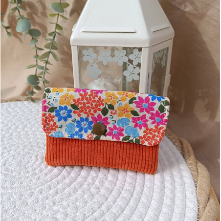 Pochette à cartes en velours orange et tissu fleuri peps