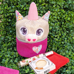 Trousse de toilette licorne en velours rose et doré