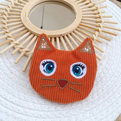 porte-monnaie chat orange- velours côtelé et broderies