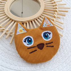 porte-monnaie chat ocre- velours côtelé et broderies