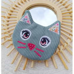 porte-monnaie chat vert sauge- velours côtelé et broderies