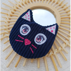 porte-monnaie chat bleu nuit- velours côtelé et broderies