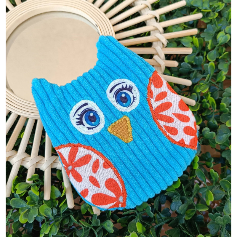 Hibou en velours côtelé bleu turquoise artisanal I De Nature Colorée