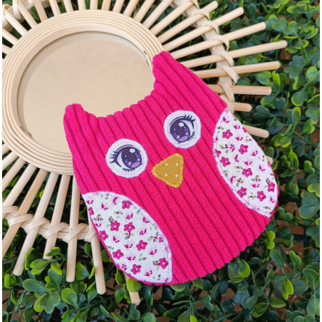 Hibou en velours côtelé rose fuchsia et coton fleuri I De Nature Colorée
