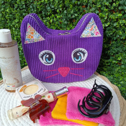 Trousse de toilette chat violette velours côtelé I pochette artisanale De Nature Colorée