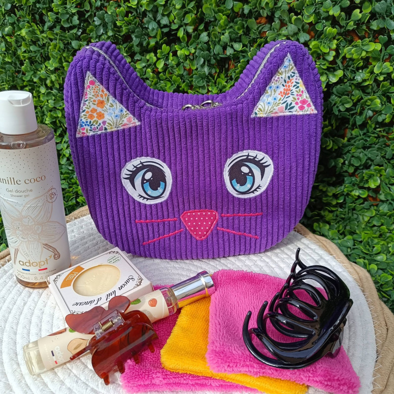 Trousse de toilette chat violette velours côtelé I pochette artisanale De Nature Colorée