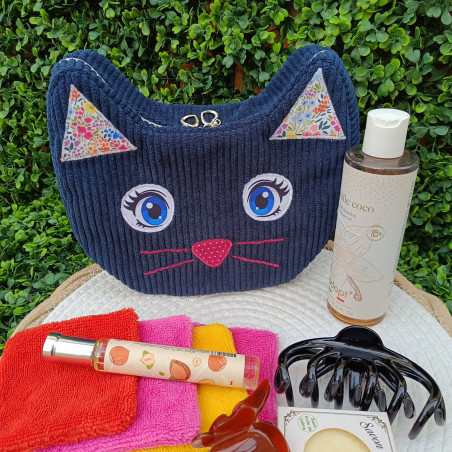Trousse de toilette chat bleu marine velours côtelé I pochette De Nature Colorée