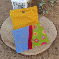 Porte-monnaie coton appliqué rose – tons jean, vert et jaune – fait main