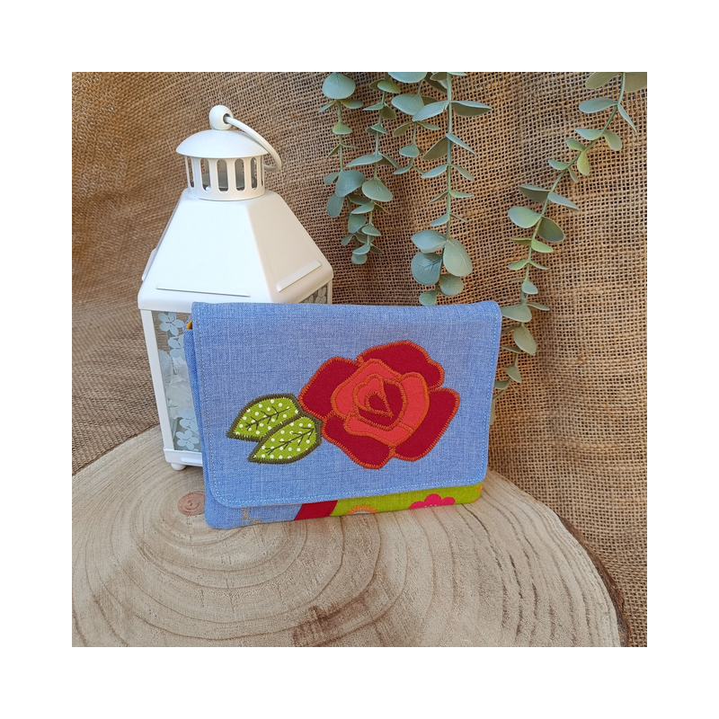Porte-monnaie coton appliqué rose – tons jean, vert et jaune – fait main