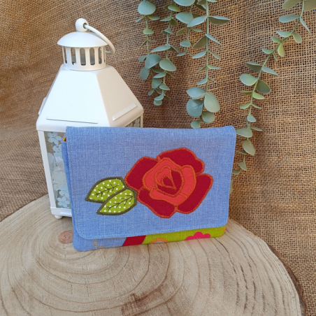 Porte-monnaie coton appliqué rose – tons jean, vert et jaune – fait main