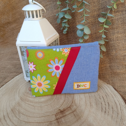 Porte-monnaie coton appliqué rose – tons jean, vert et jaune – fait main