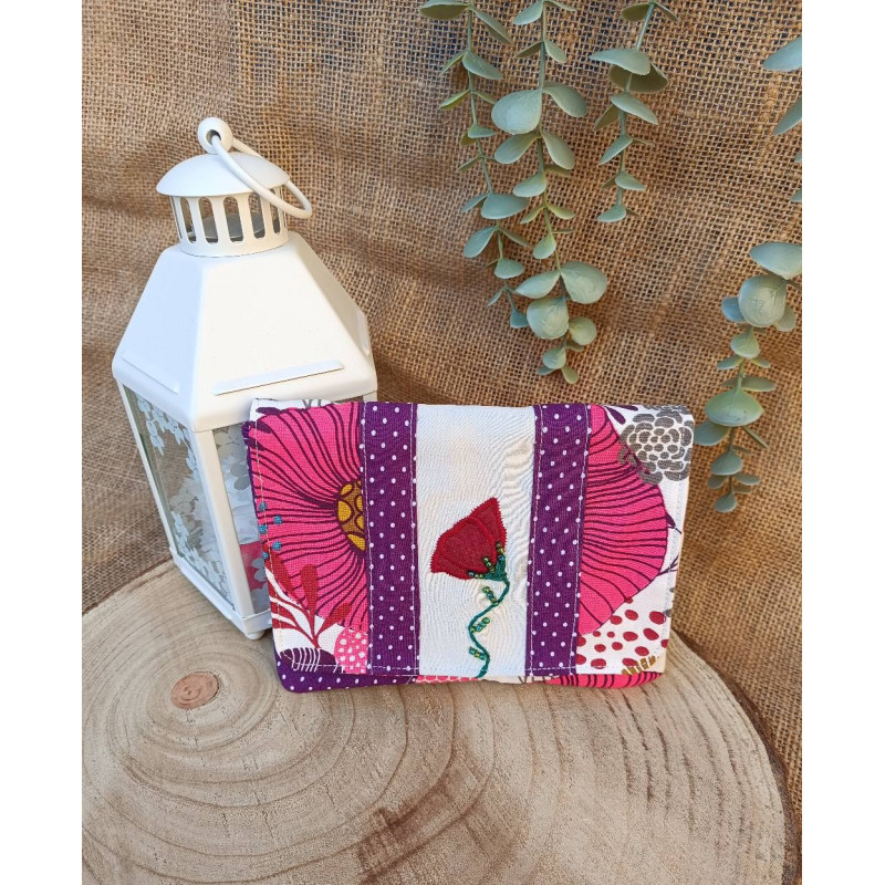 Porte-monnaie tissu brodé coquelicot – Patchwork fleuri – Fait main