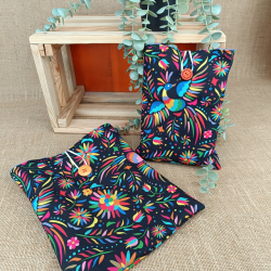 Pochette à livre motif oiseaux et fleurs – Coton noir – Taille au choix – Fait main