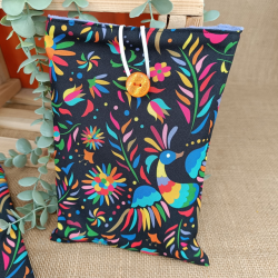 Pochette à livre motif oiseaux et fleurs – Coton noir – Taille au choix – Fait main