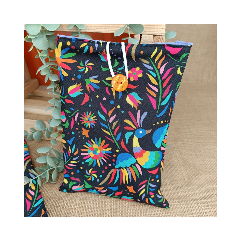 Pochette à livre motif oiseaux et fleurs – Coton noir – Taille au choix – Fait main