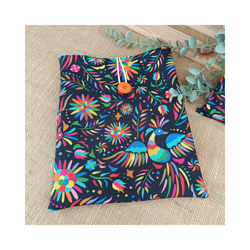 Pochette à livre motif oiseaux et fleurs – Coton noir – Taille au choix – Fait main