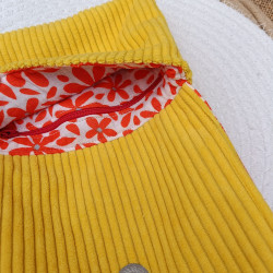 Porte-monnaie velours jaune côtelé – Rabat fleurs orange – Fait main France