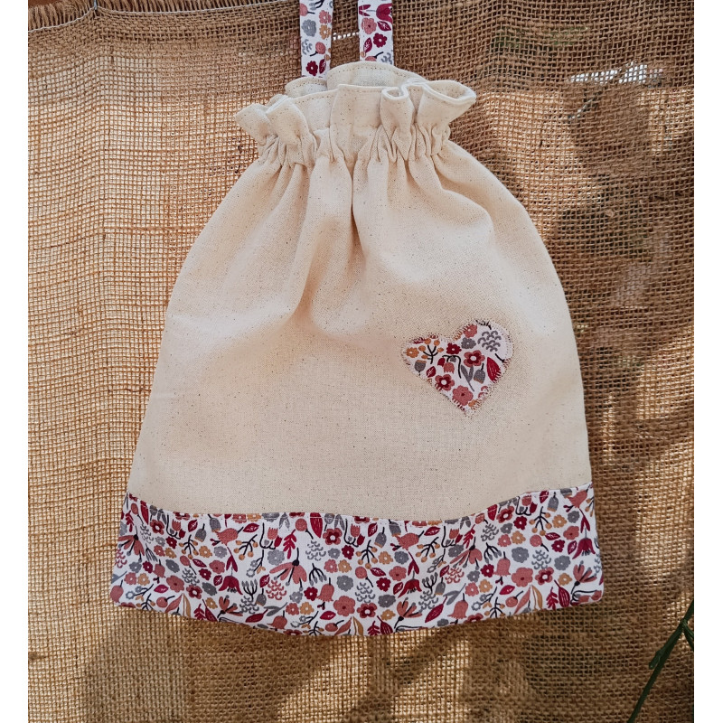 Sac à chaussons maternelle coton uni et liberty gris bordeaux – Fait main