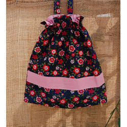 Sac à chaussons maternelle fleurs rouges fond bleu nuit et coton rose – Fait main