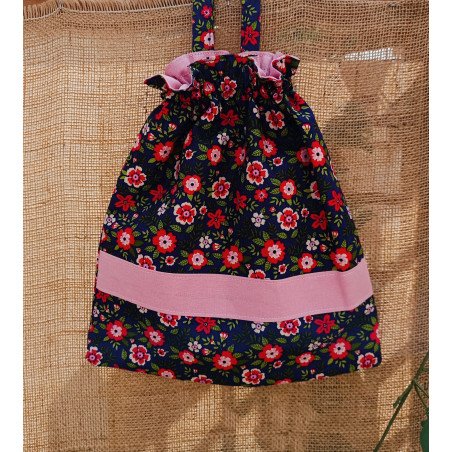 Sac à chaussons maternelle fleurs rouges fond bleu nuit et coton rose – Fait main