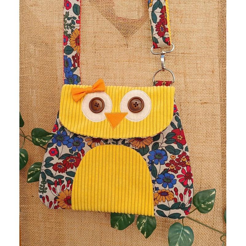 Sac hibou jaune fait main – Sac fantaisie en tissu fleuri | Accessoire original