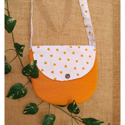 Sac à main enfant gaze de coton moutarde – Rabat cœur caramel – Fait main