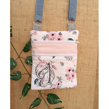 Petit sac à bandoulière licorne – Motif floral rose – Sac pratique et mignon