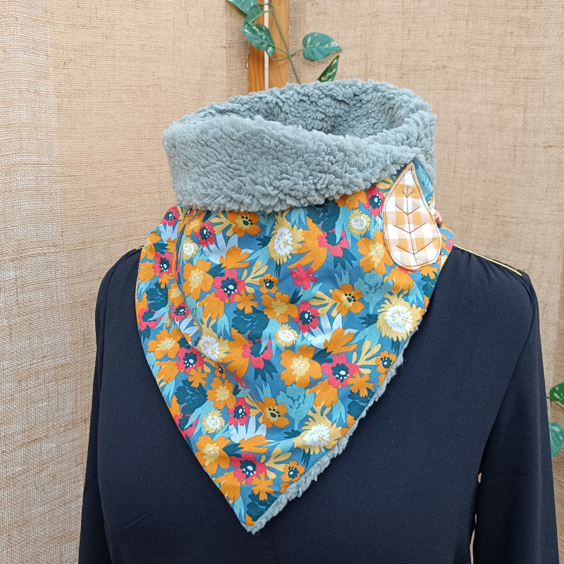 Chèche Femme Hiver Fait Main – Foulard Snood Fleuri Doublé Polaire Orange & Bleu