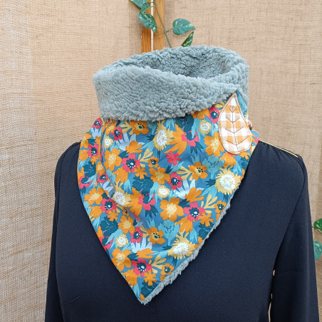 Chèche Femme Hiver Fait Main – Foulard Snood Fleuri Doublé Polaire Orange & Bleu
