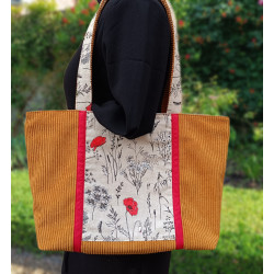 Sac cabas bohème en tissu côtelé caramel et imprimé floral – Grand sac fait main