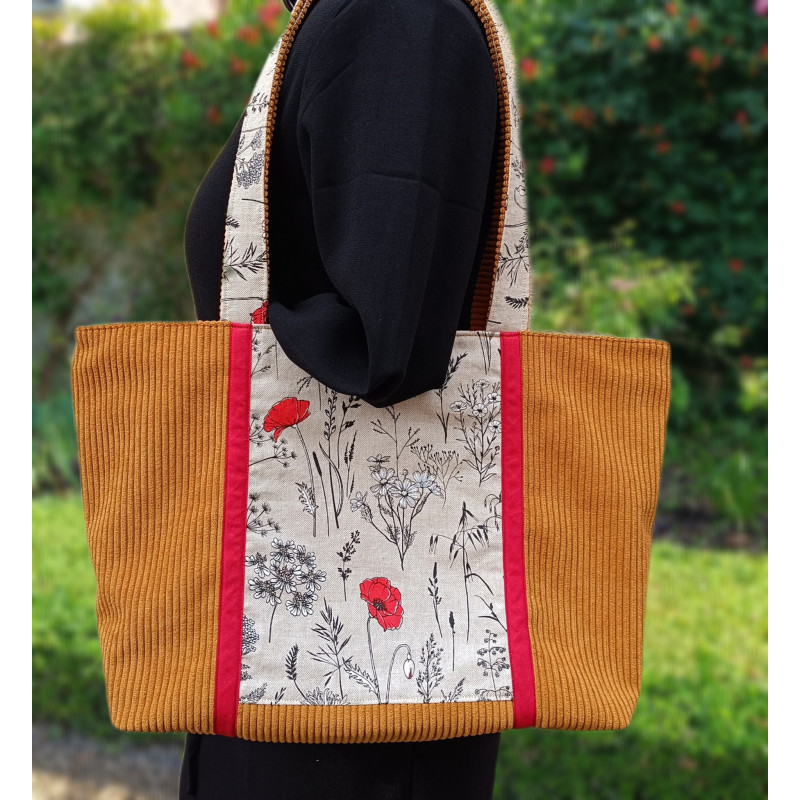 Sac cabas bohème en tissu côtelé caramel et imprimé floral – Grand sac fait main