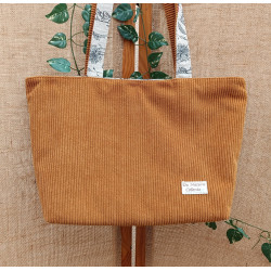 Sac cabas bohème en tissu côtelé caramel et imprimé floral – Grand sac fait main