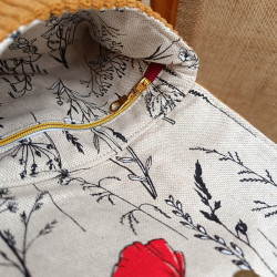 Porte-monnaie artisanal en tissu velours côtelé caramel et imprimé coquelicot – Fait main