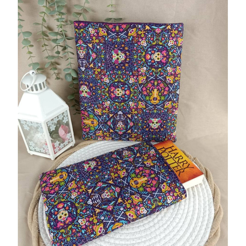 Pochette à livre têtes de mort colorées – Housse protectrice en tissu coton thème mexicain Día de los Muertos