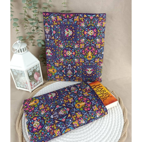 Pochette à livre têtes de mort colorées – Housse protectrice en tissu coton thème mexicain Día de los Muertos