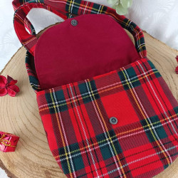 Sac enfant tartan rouge avec nœud bleu – Accessoire mignon et pratique
